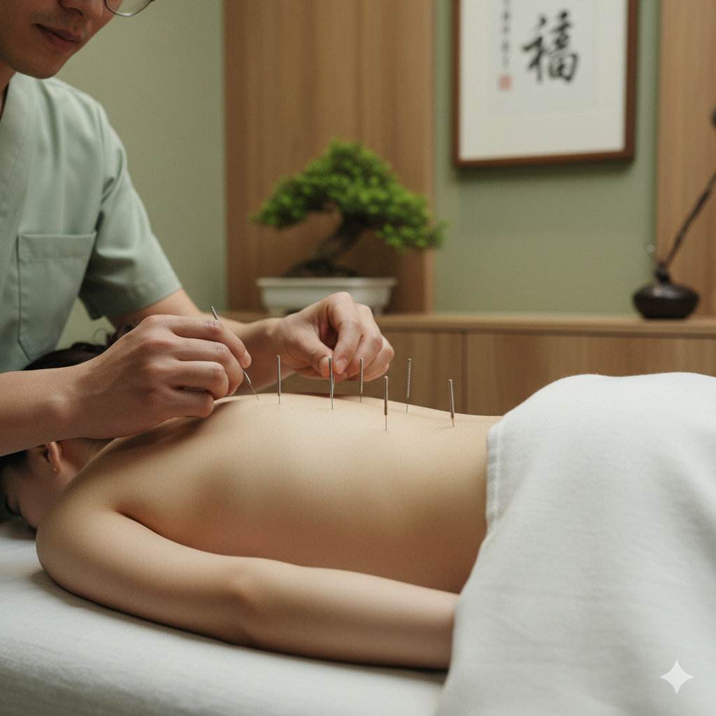 침 치료를 상징적으로 표현한 안내 이미지